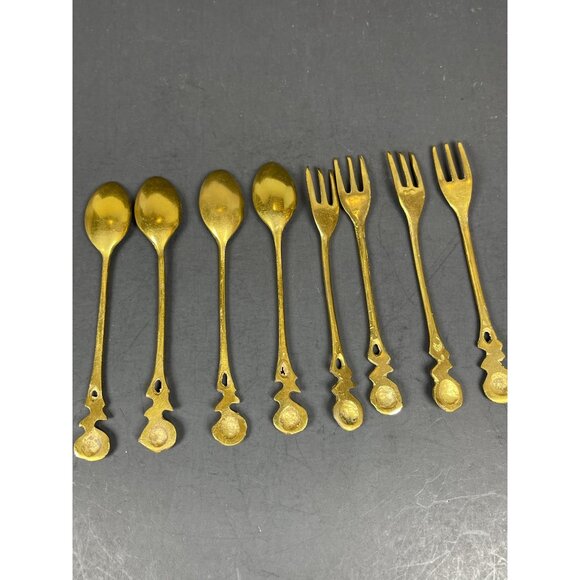 Brass Demitasse Coffee Spoon Dessert Salad Fork Gold Tone Rose Handle Set 4 VTG - Picture 9 of 13